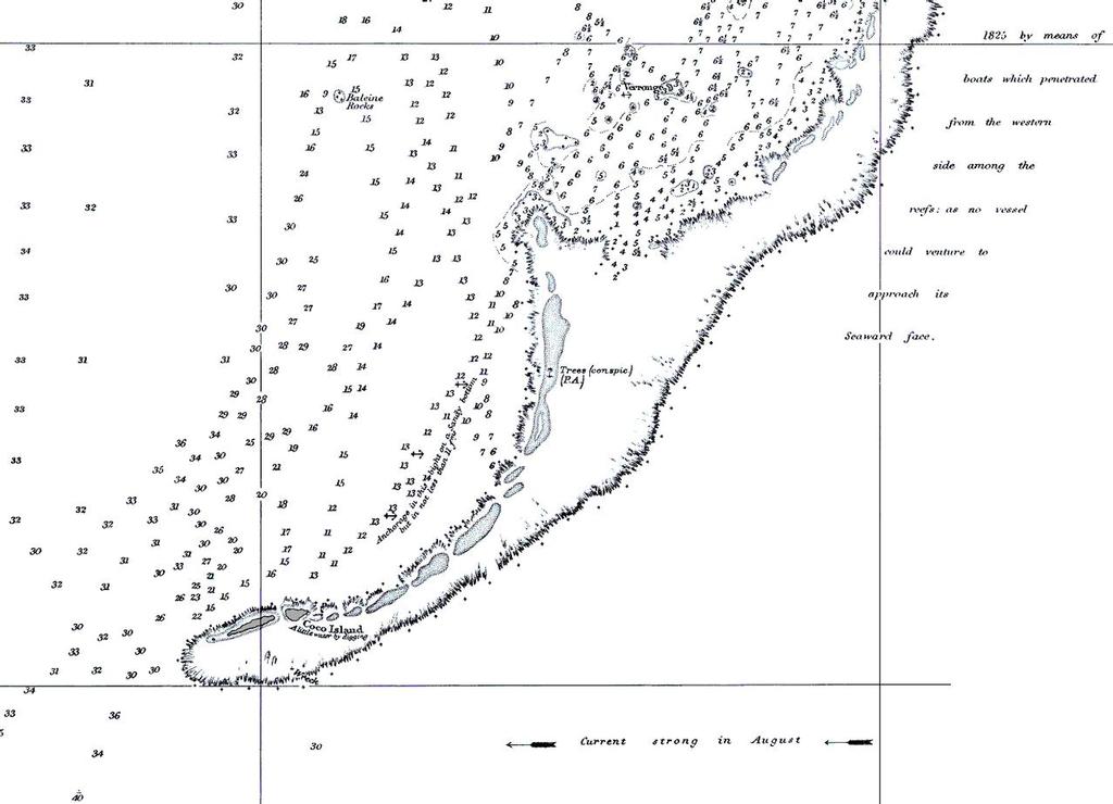 <b>The 1825 chart of the Cargados Carajos Shoals noting that the area is too dangerous to approach from the east or Ocean side.</b> © SW